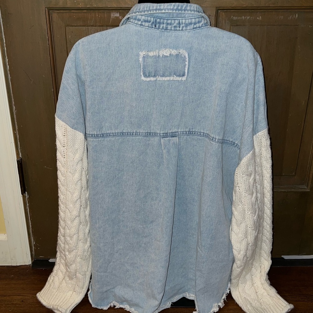 Blu Pepper Oversized Denim Two Tone Knit Sleeve Boho Casual Shacket Size XL - Picture 6 of 11